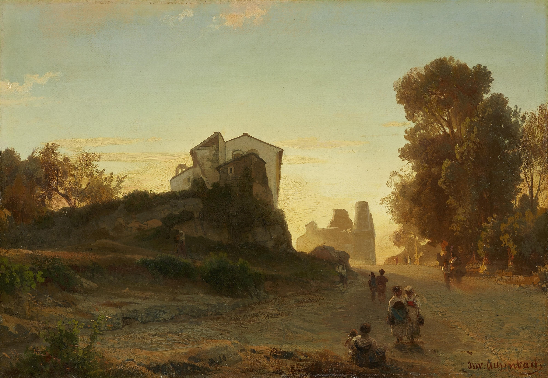 Oil painting by Oswald Achenbach depicting a cobblestone street at twilight.