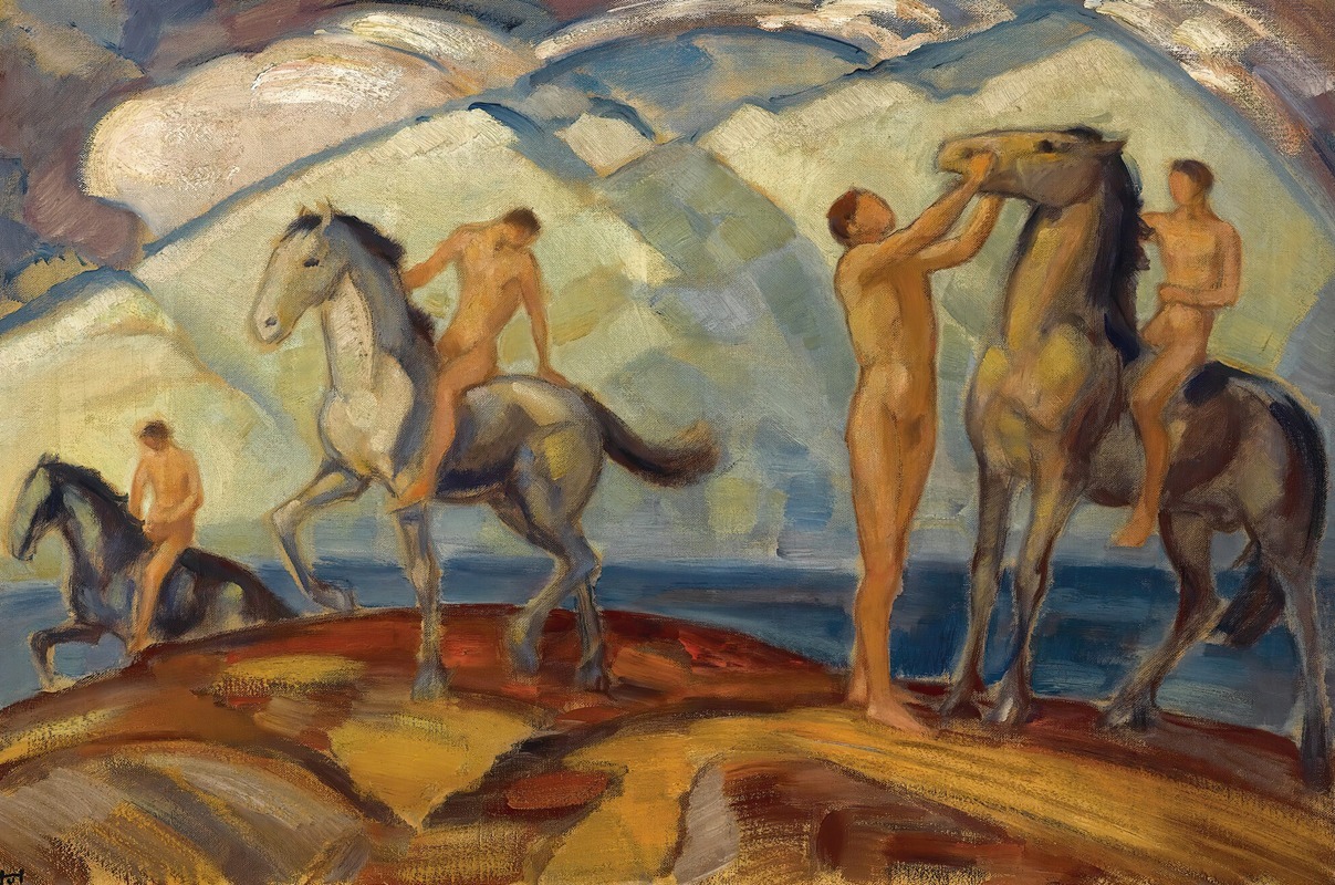 A painting depicting riders at a serene mountain lake.
