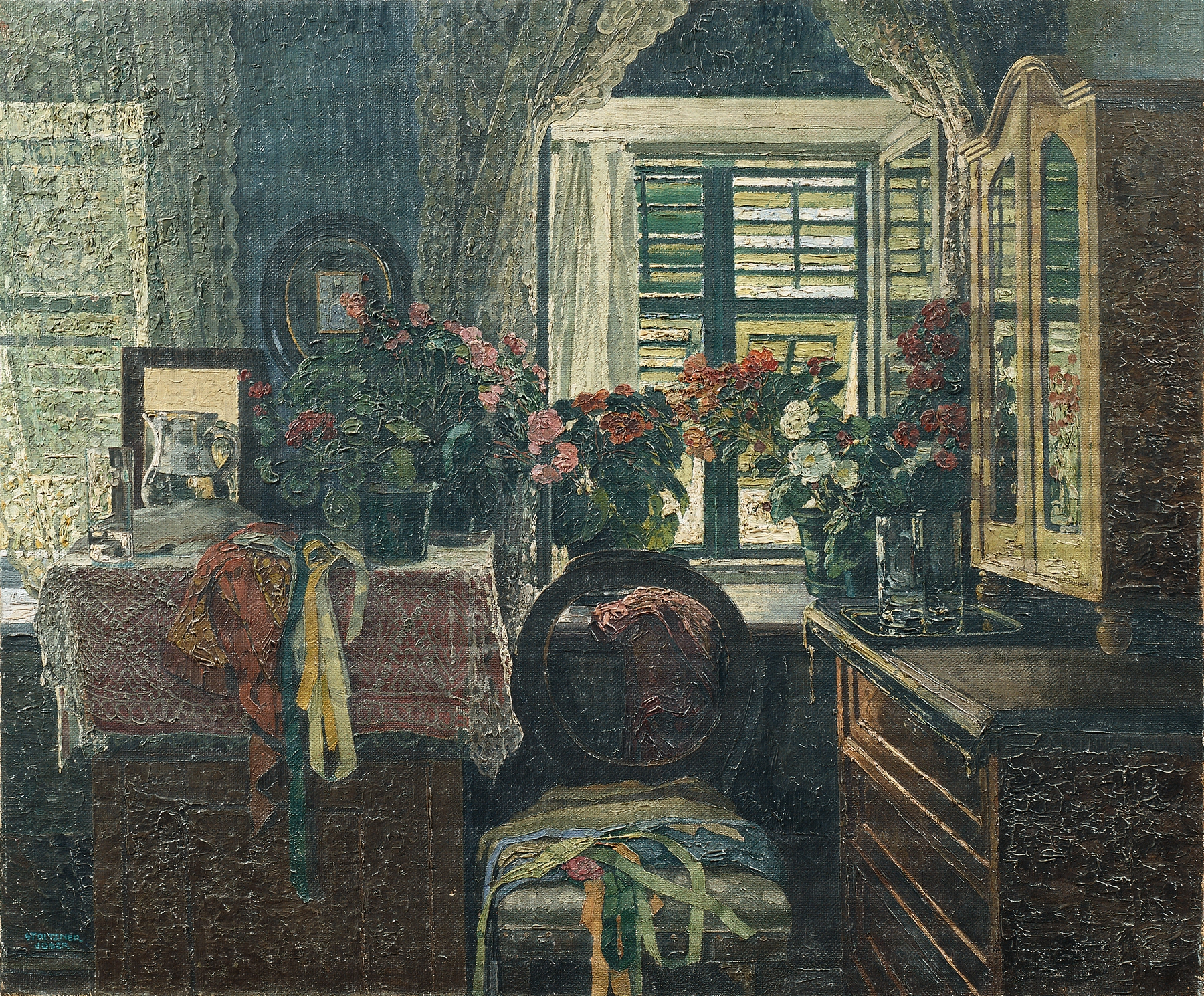 Interior scene with a vase and flowers by Josef Stoitzner, modernism