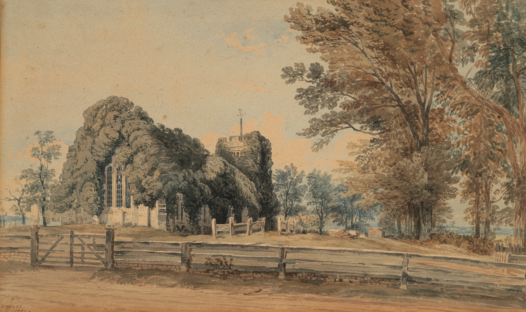 Chingford Church by John Varley, oil painting depicting a church in a natural landscape.