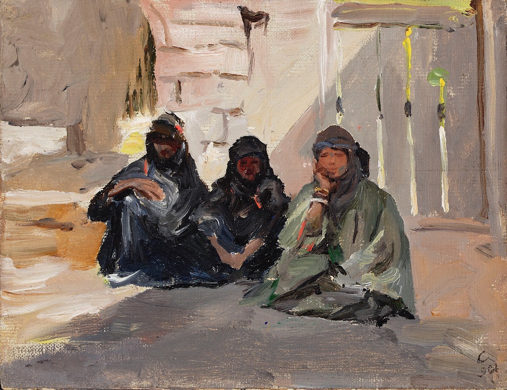 A painting depicting Bedouin women in traditional attire amidst a desert landscape.
