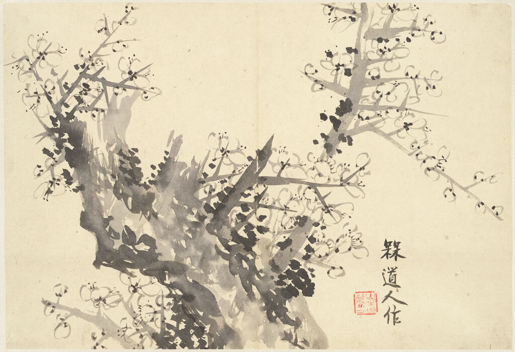 Old Weathered Plum Tree with Spring Blossoms, in the Manner of the Chinese Painter Wu Zhen (1280-1354), by Cho Hŭi-ryong, public domain