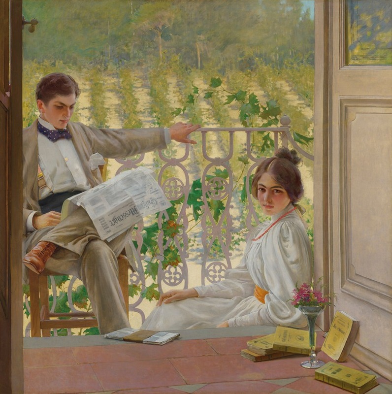 An Afternoon on the Porch depicts a serene moment on a porch with a woman enjoying the day.
