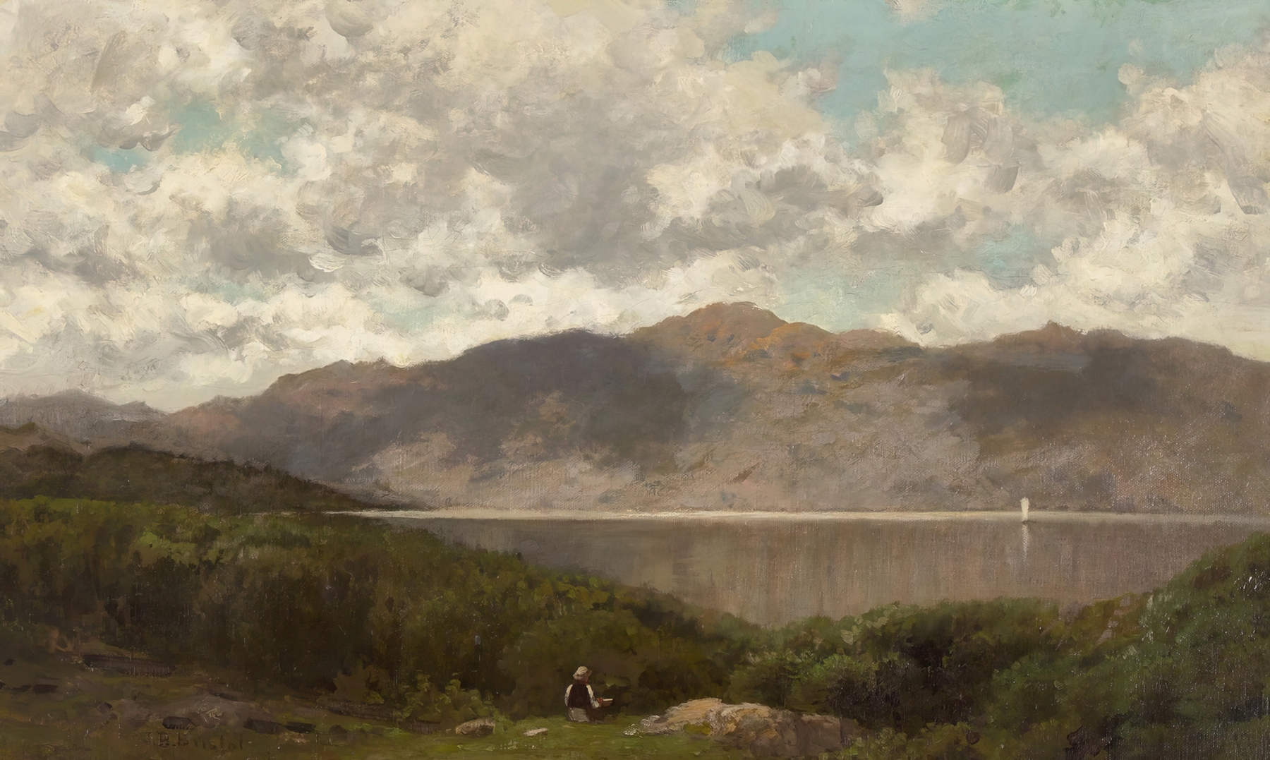 Summer Afternoon by John Bunyan Bristol, oil on canvas depicting a serene landscape with golden light.