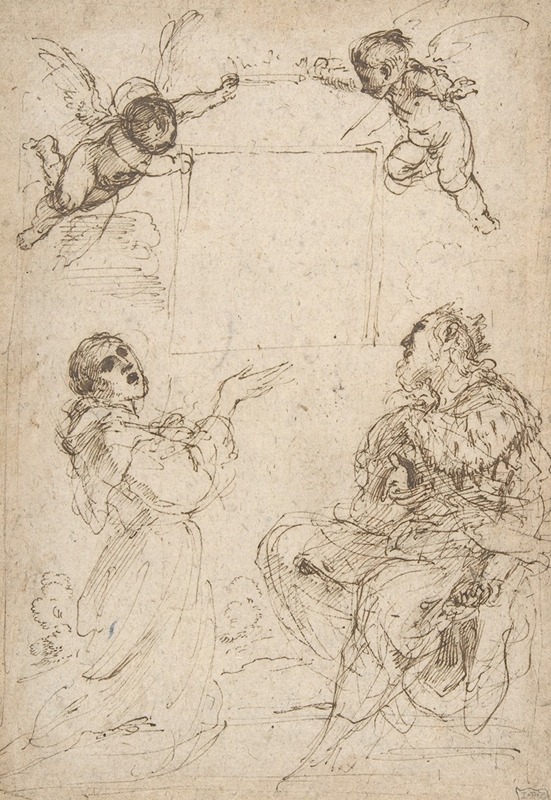Guercino's painting depicts Saint Francis and Saint Louis honoring the Virgin Mary.