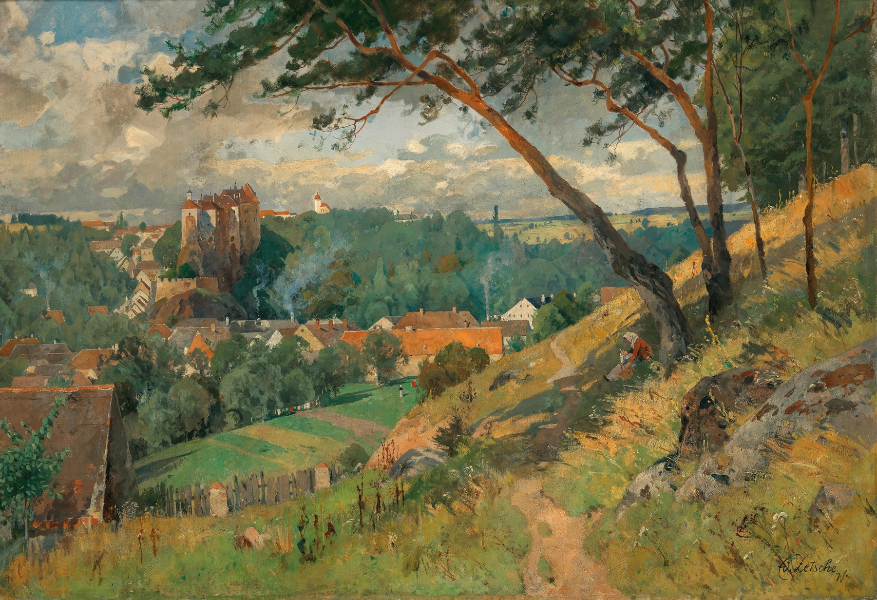 Raabs im Waldviertel by Eduard Zetsche, impressionism, depicting a tranquil river and forest reflection