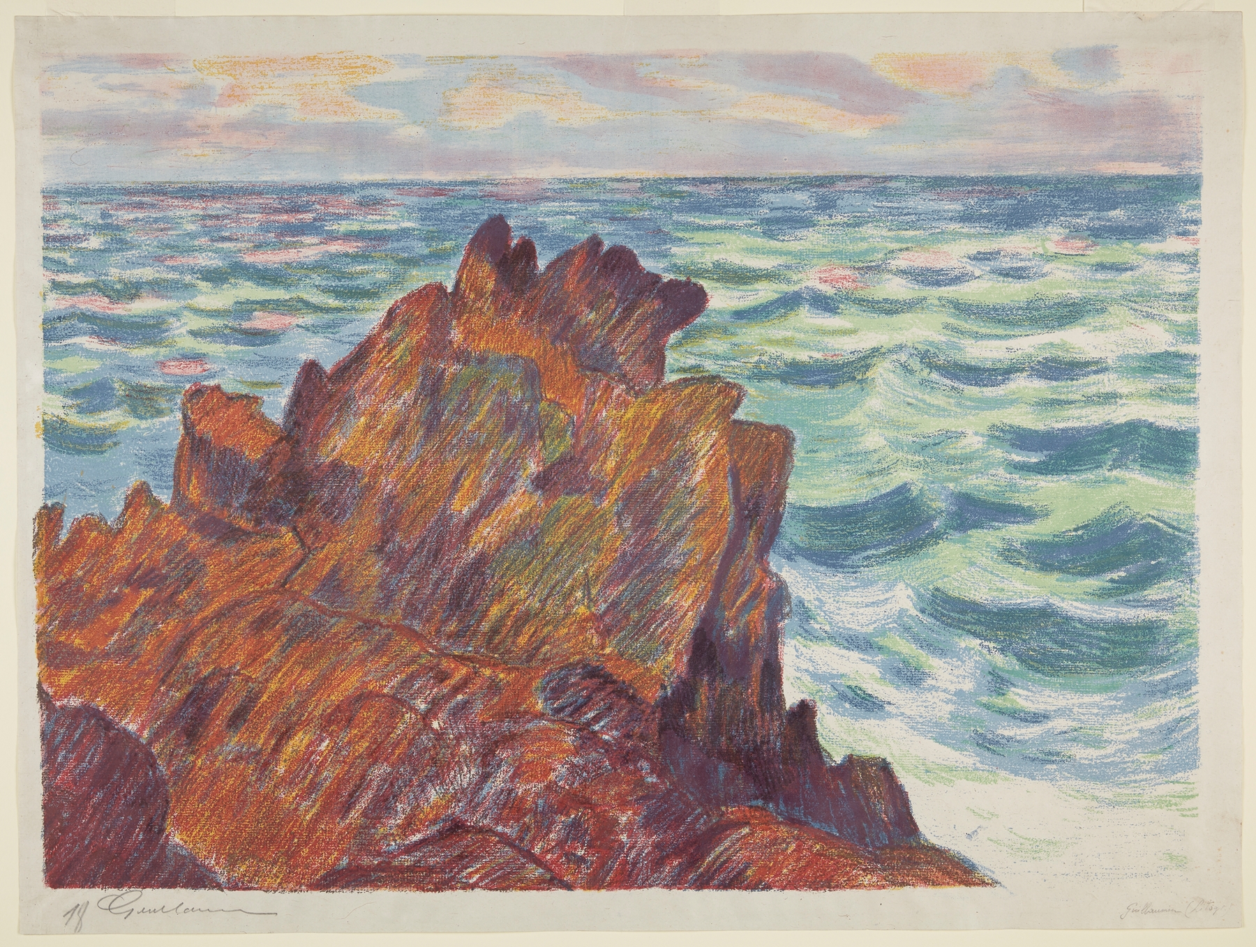 Post-Impressionism landscape by Armand Guillaumin, depicting vibrant red and orange rocks.