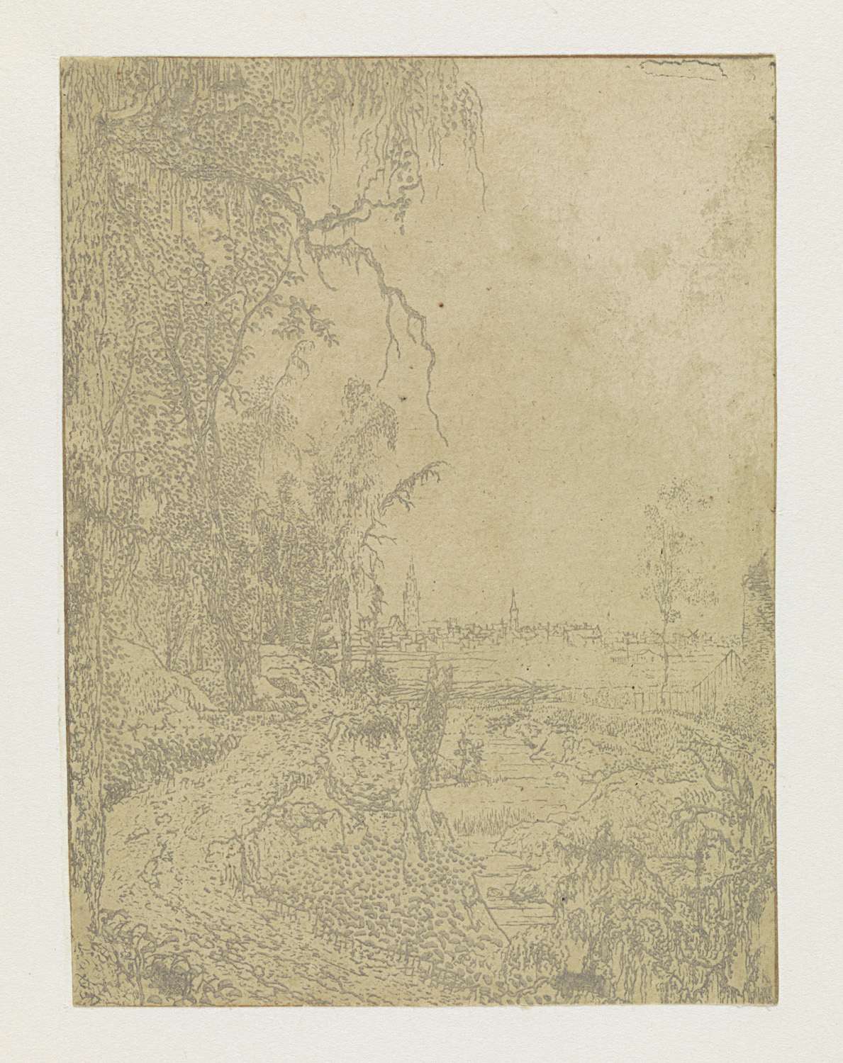A Road Bordered by Trees, a City in the Background, by Hercules Segers, public domain