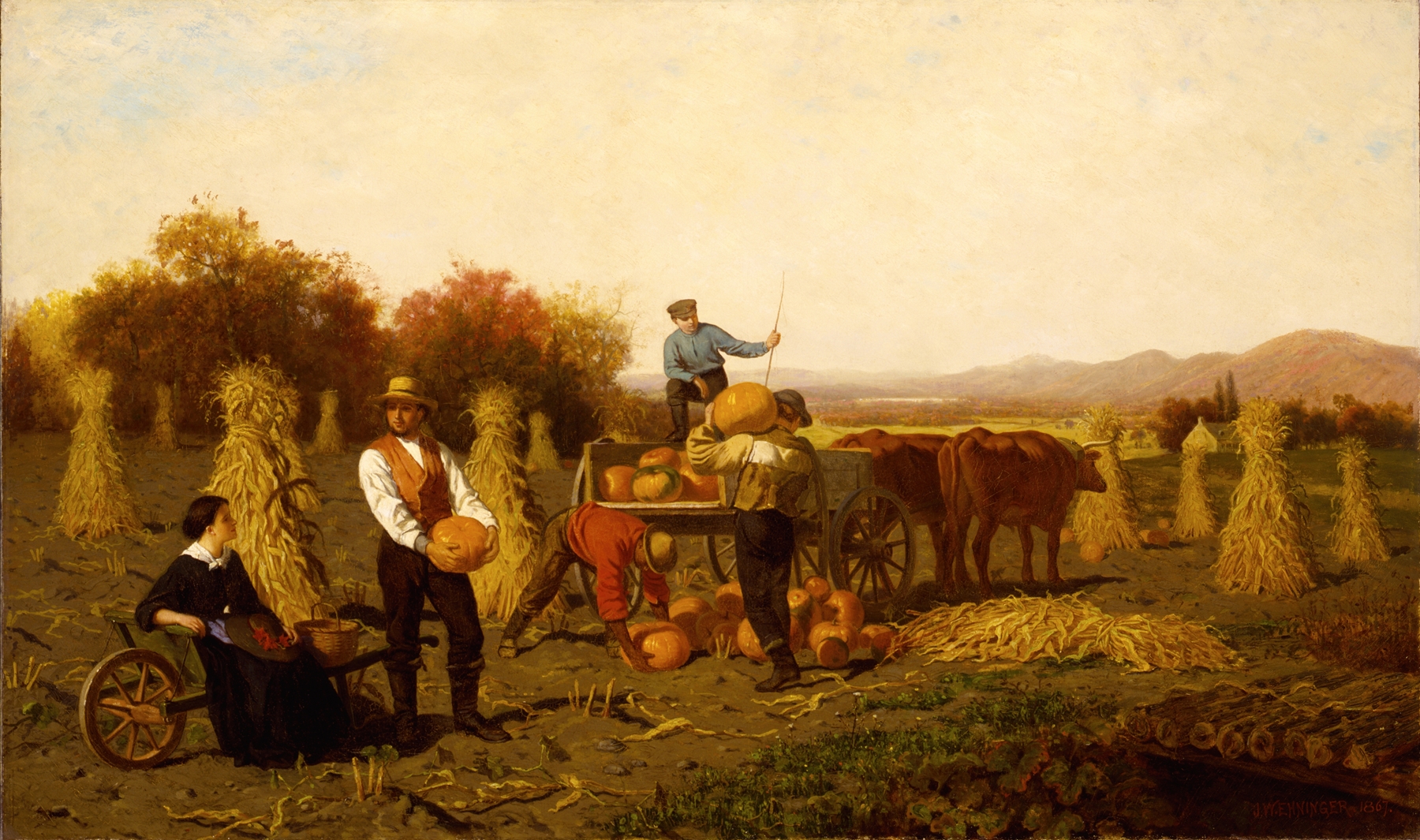 October by John Whetten Ehninger, oil on canvas, depicting an autumn landscape with golden leaves.