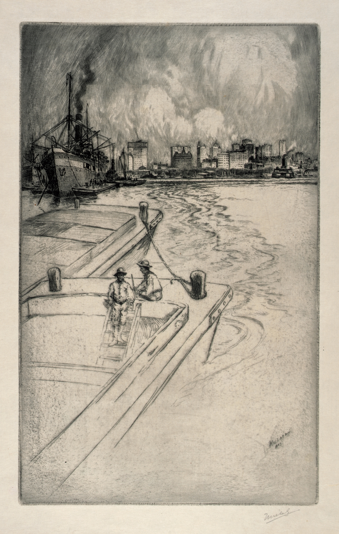 Etching by Charles Frederick William Mielatz depicting a harbor skyline at sunset