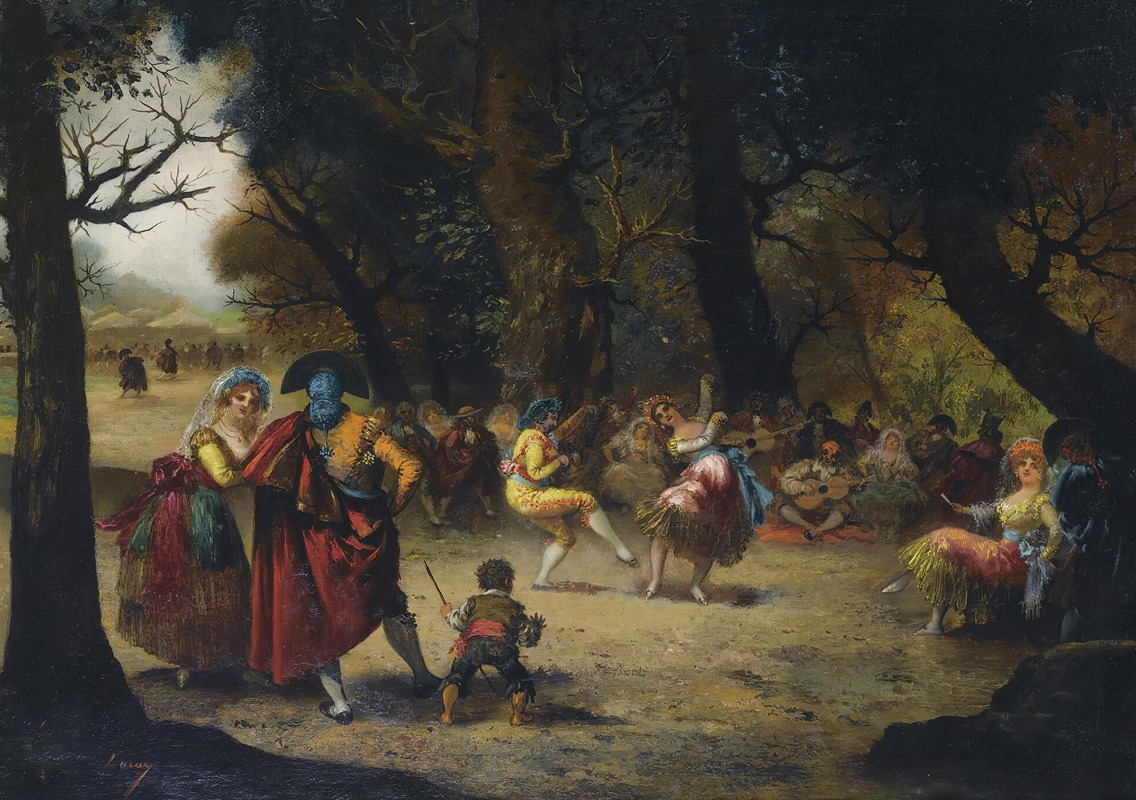 A lively dance scene in a rural setting, showcasing traditional costumes and joyful expressions.