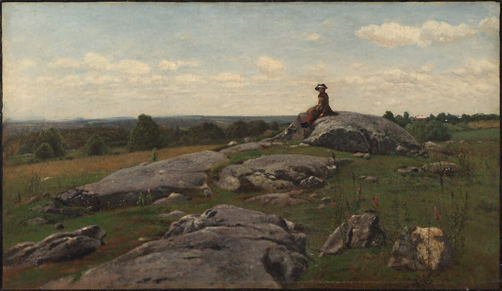 Figurative oil painting by William Hart depicting a girl in a rocky field