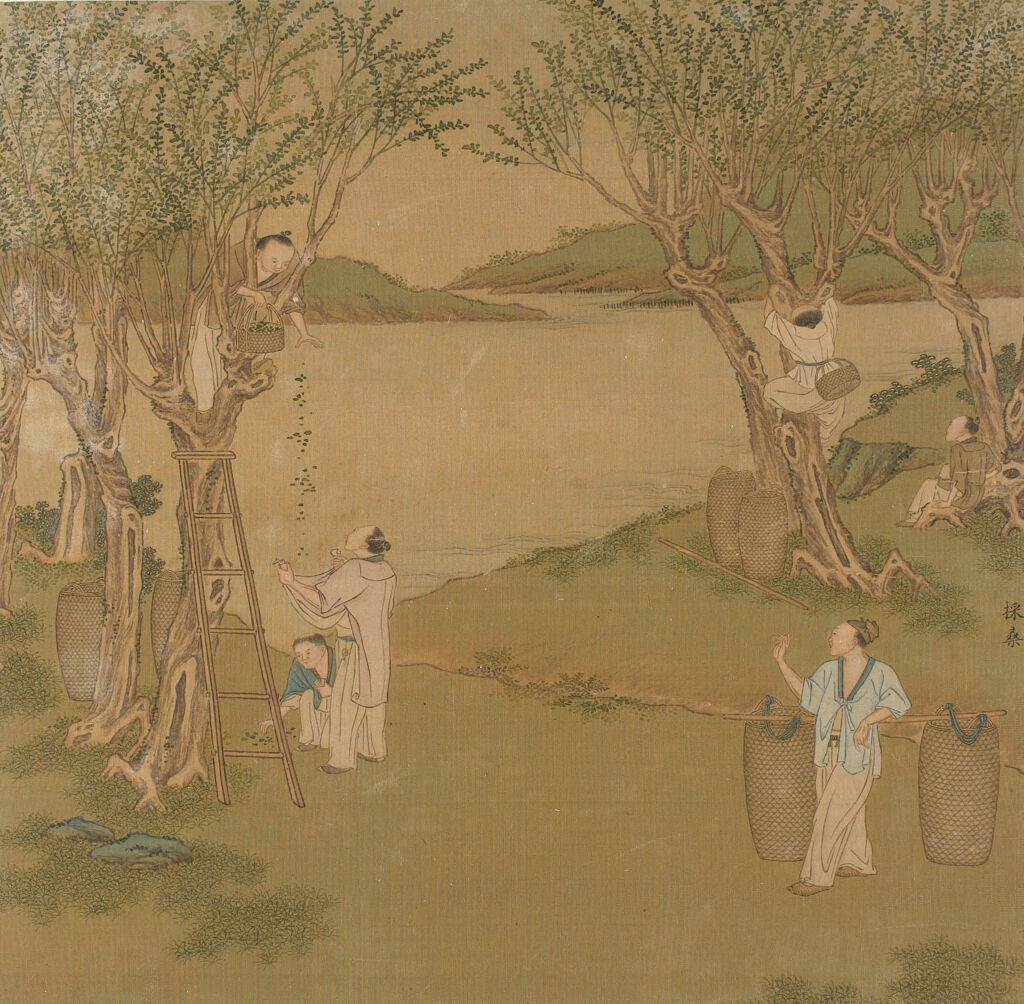 Figurative silk artwork by Qiu Ying depicting rice and silk culture