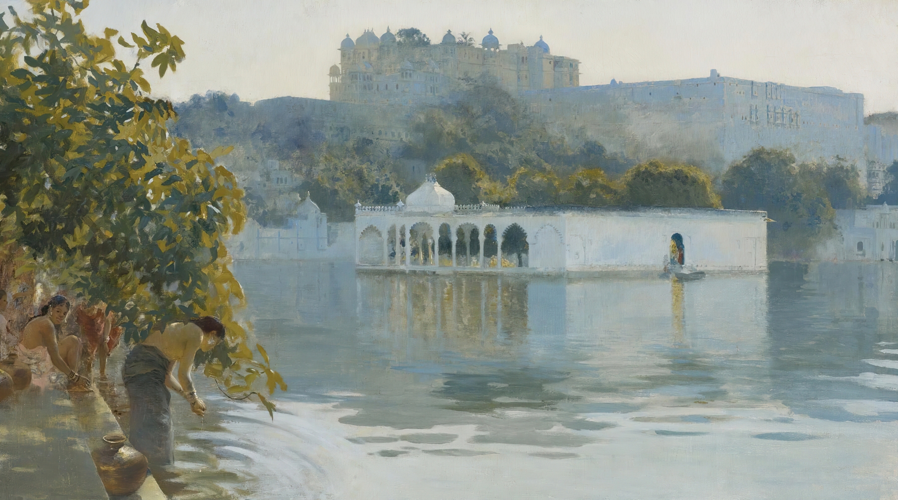 Lake At Oodeypore, India by Edwin Lord Weeks, oil painting of a tranquil lakeside scene.