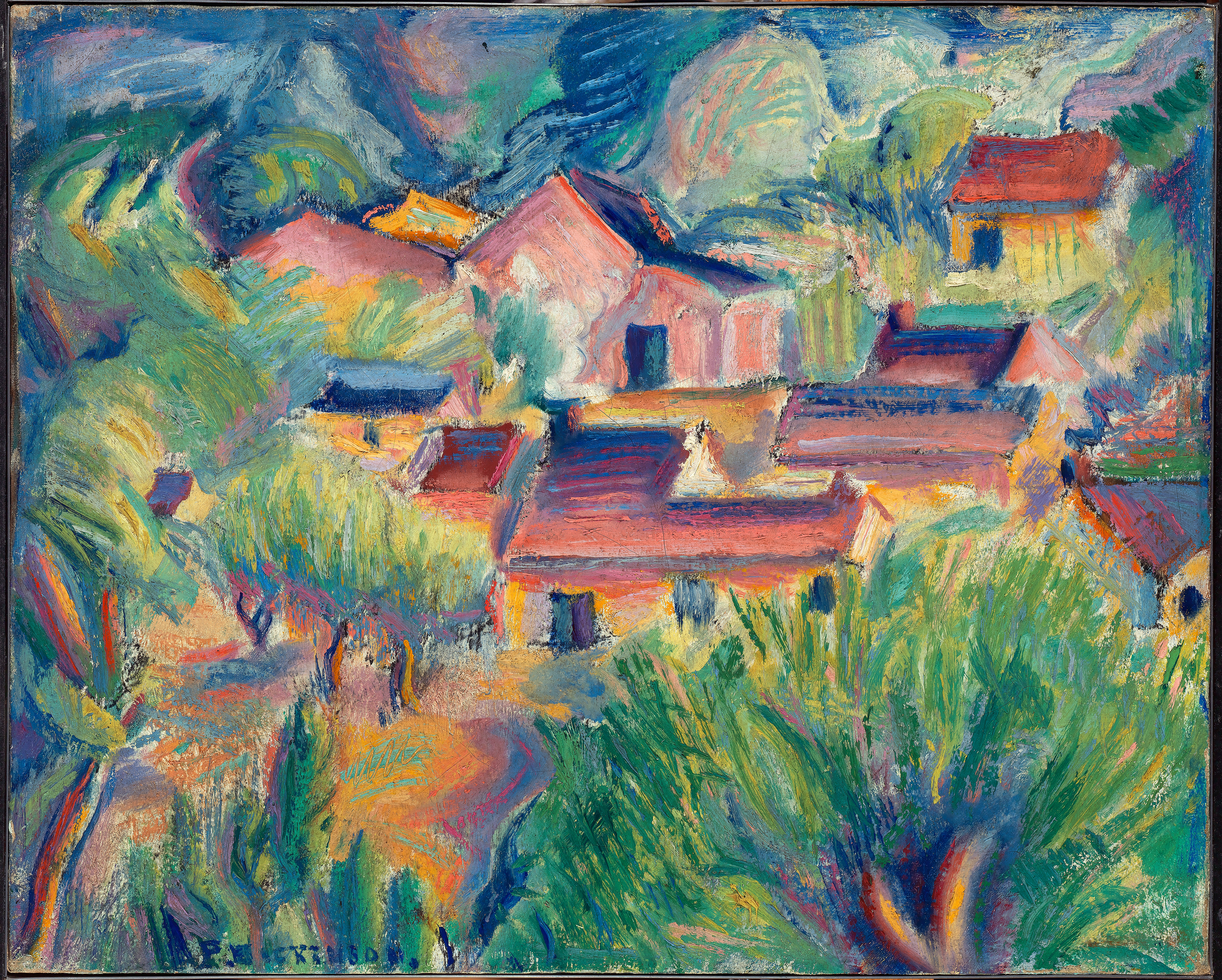 Houses and Landscape by Preston Dickinson, oil painting depicting houses against a green landscape