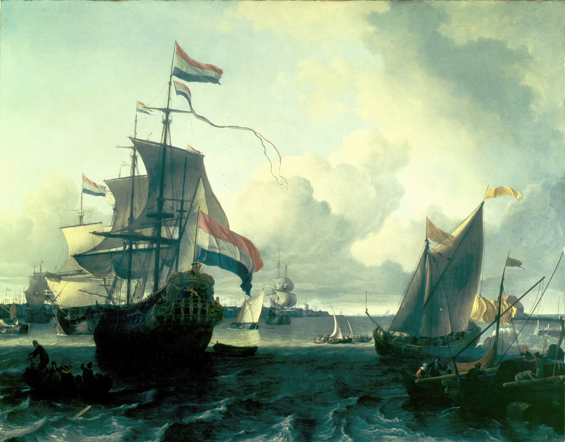 The Dutch Man-of-War ‘De Gouden Leeuw’ on the River Y near Amsterdam, by Ludolf Backhuysen, public domain