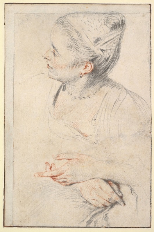 A detailed study of a woman's head and hands by Jean-Antoine Watteau.