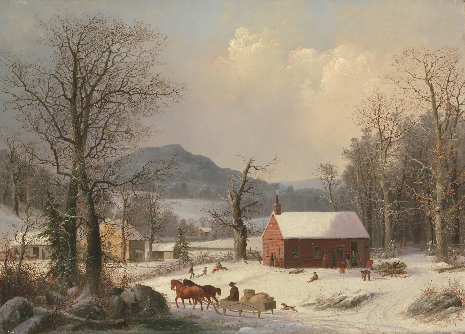Red School House by George Henry Durrie, oil on canvas depicting children playing in the snow.