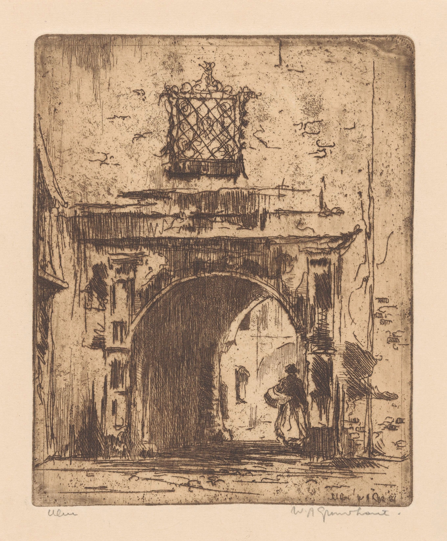 Figurative scene depicting a lone figure among urban architecture, oil painting by Willem Adrianus Grondhout.