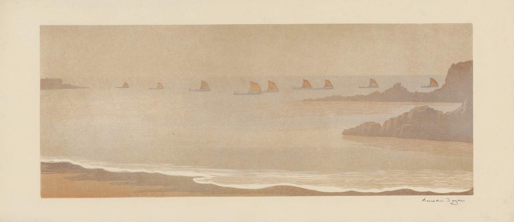 Marine scene with boats on Douarnenez Bay, oil on canvas by Amédée Joyau