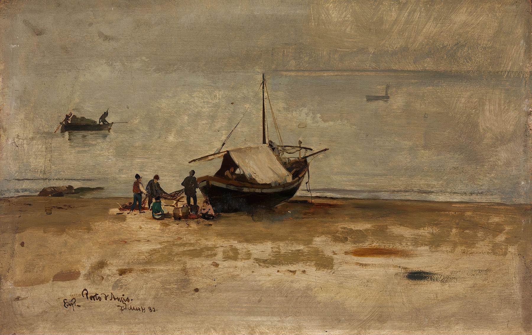 The Beach at Porto d’Anzio by Eilif Peterssen, oil on canvas, depicting figures on a beach under golden light.