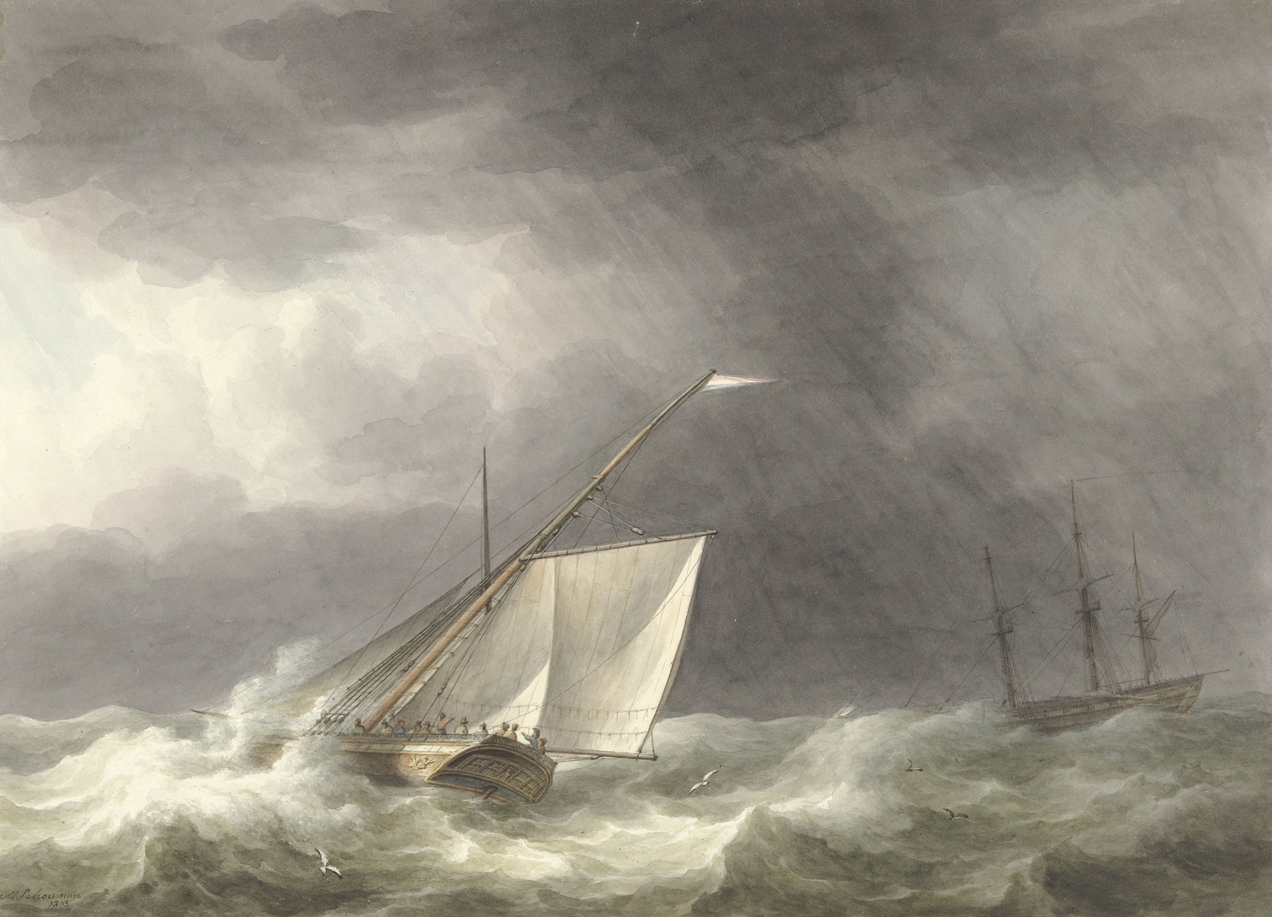 Marine scene with two ships navigating turbulent seas by Martinus Schouman, oil painting