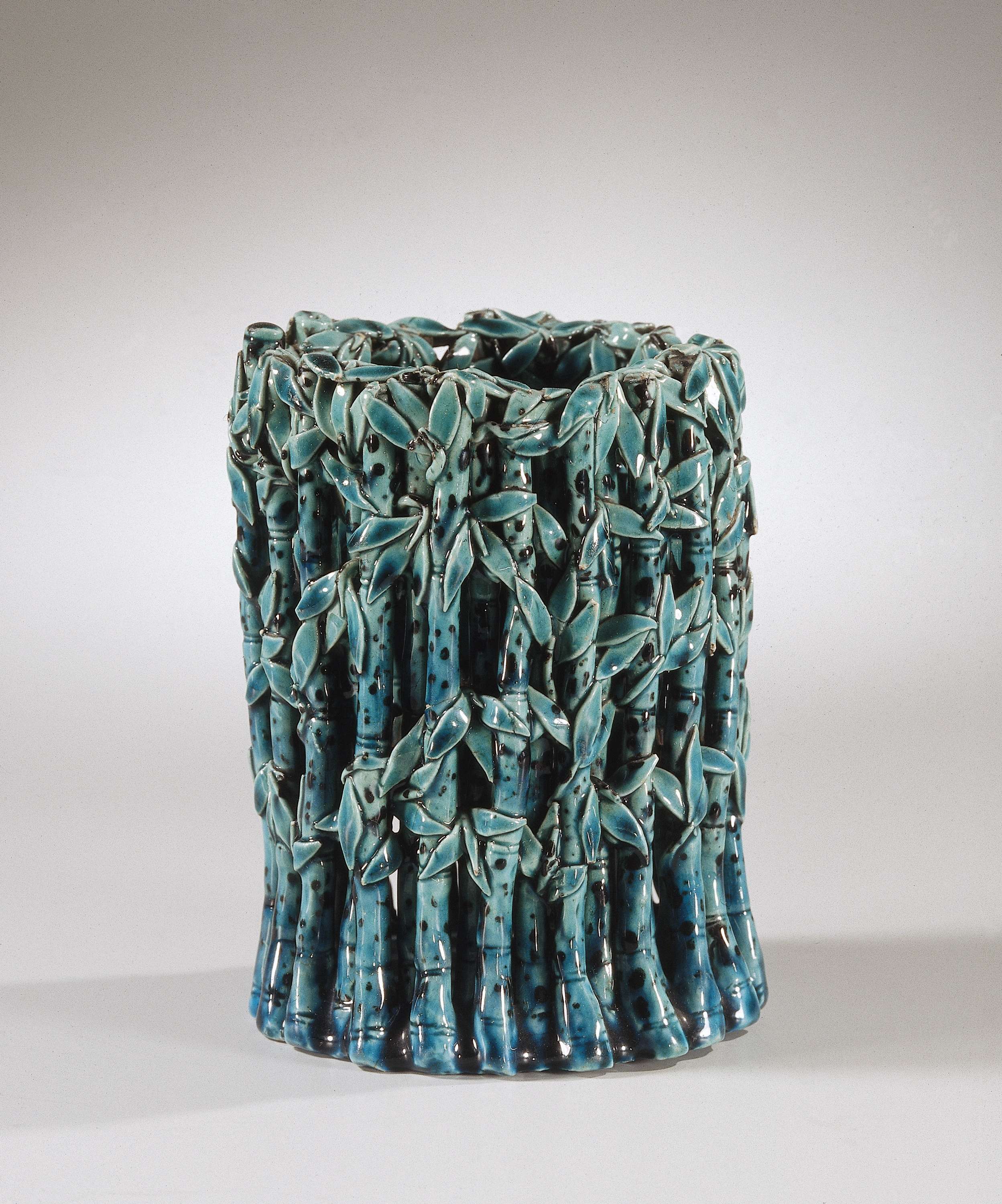 Ceramic brush pot with bamboo decoration by unknown artist