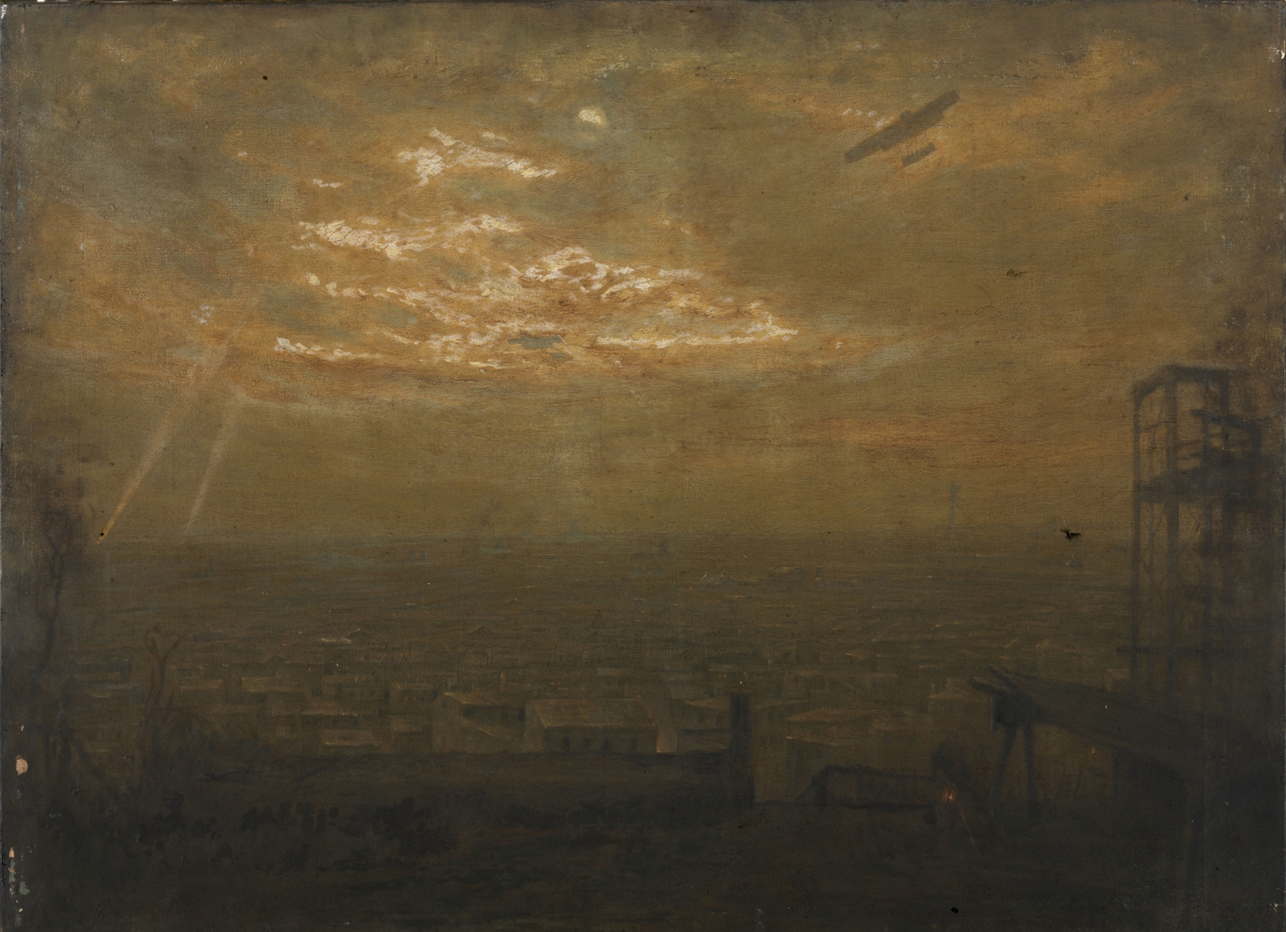 Expressionism landscape depicting an airplane amidst dark swirling clouds by Jean Joseph Enders