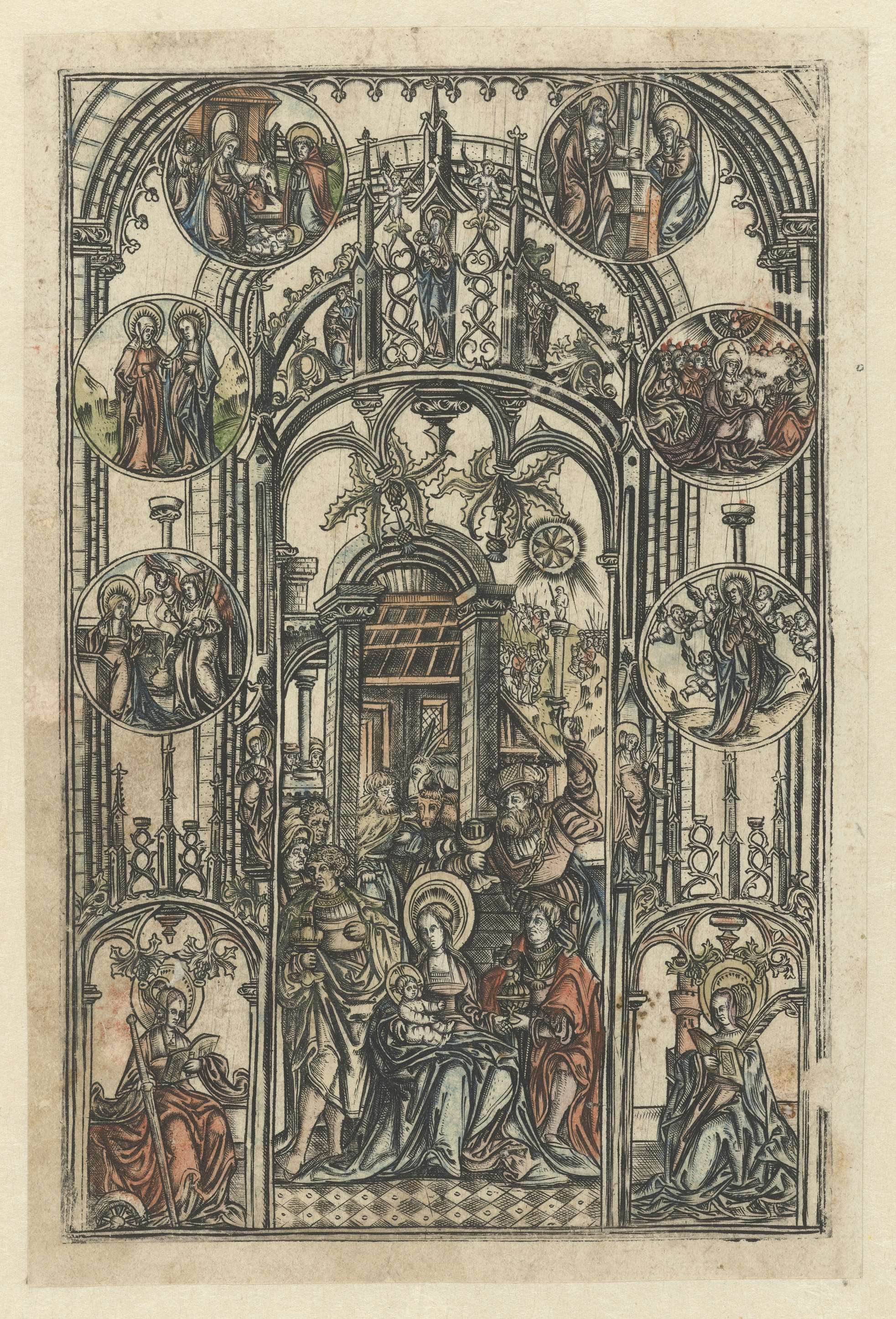 Engraving by Monogrammist S showing three kings adoring the Christ child