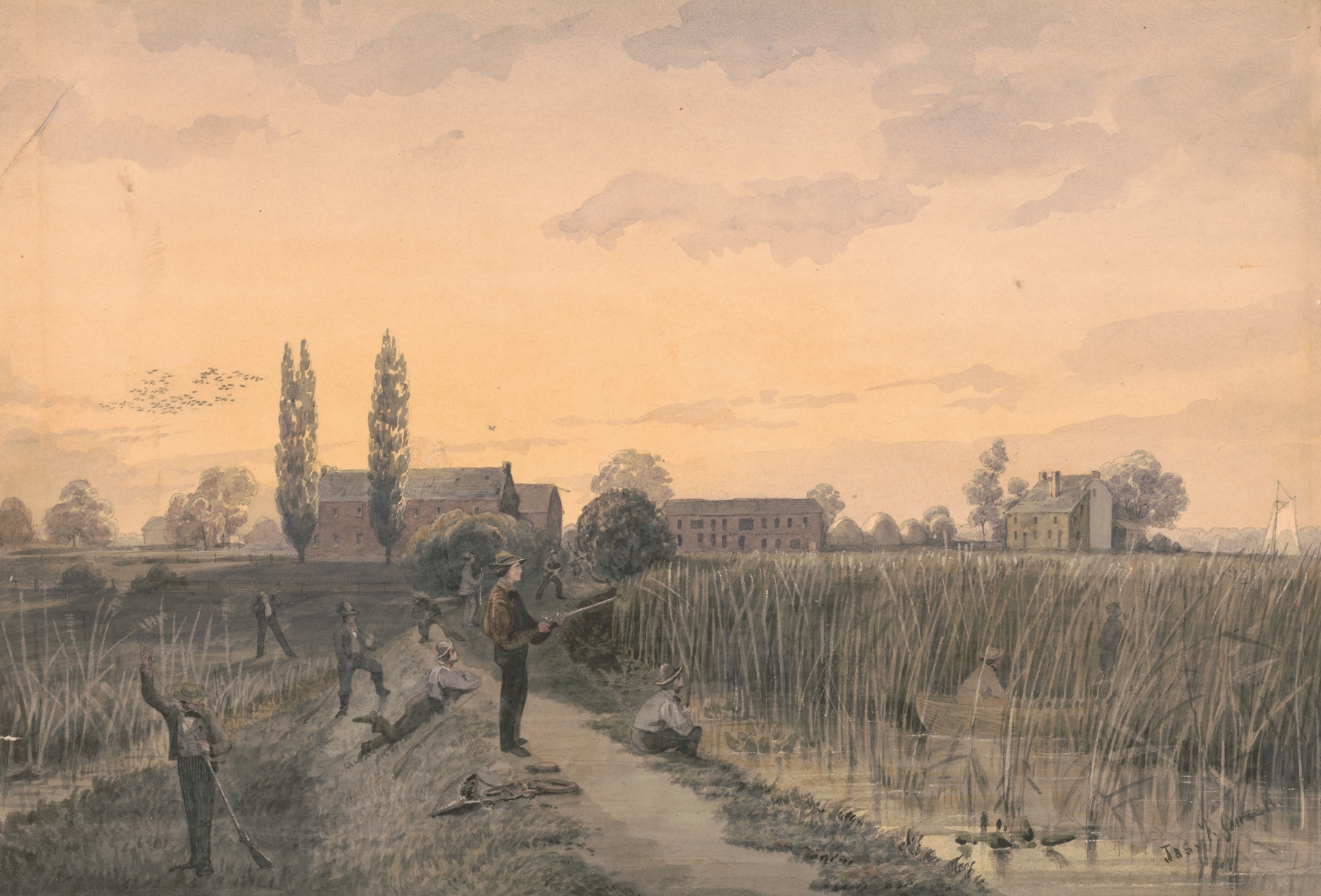 Bird hunting party, oil on canvas by James Fuller Queen depicting hunters by a levee.