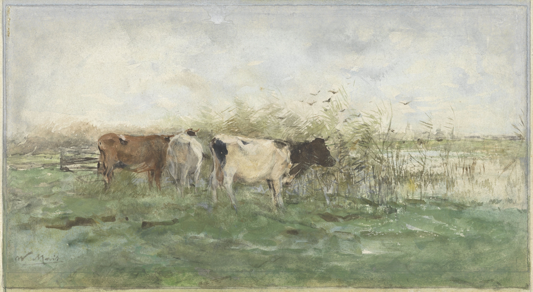 Oil painting by Willem Maris depicting cows grazing near a pond