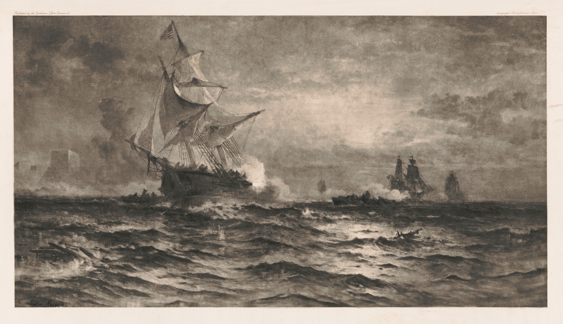Brig Gen. Armstrong engaging British fleet in harbor of Fayne, Sept. 26, 1814, by Edward Moran, public domain