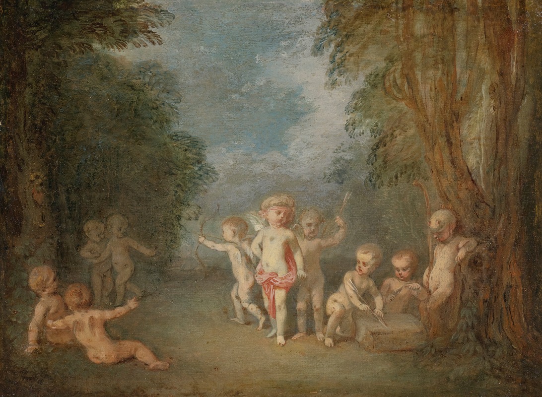 A painting depicting Cupid surrounded by playful figures in a lush, romantic landscape.