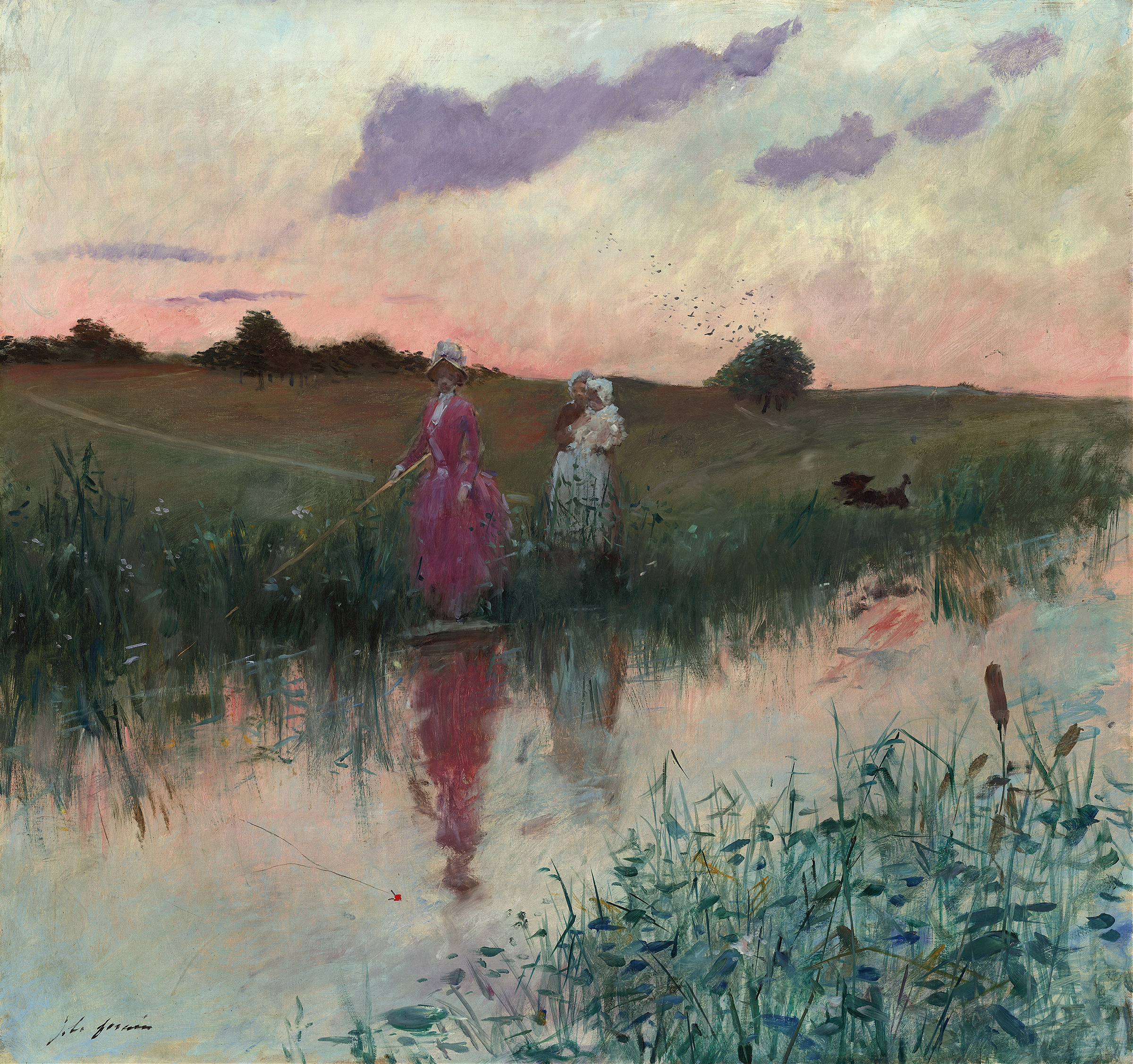 The Artist’s Wife Fishing, oil painting by Jean-Louis Forain showing a woman fishing by the water.