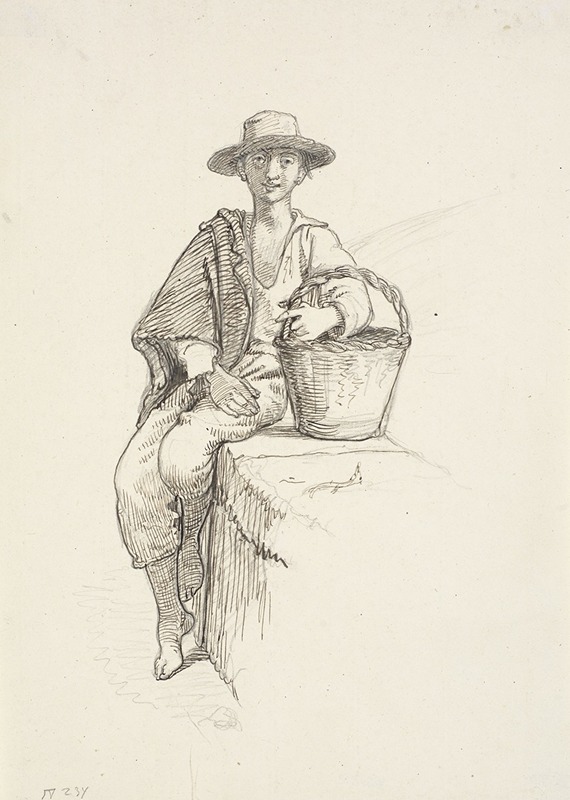 A young Italian boy carrying a basket in a serene setting.