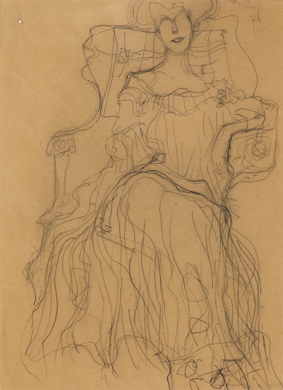Gustav Klimt's 'Sitzend von vorne' features a seated figure rendered in rich colors.
