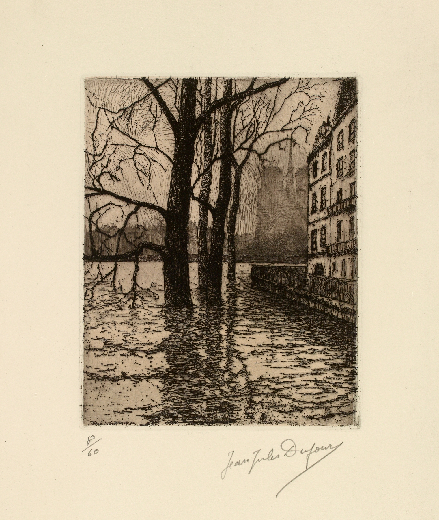 Le Quai d’Orléans – Inondations by Jean-Jules Dufour, oil painting depicting a river landscape.