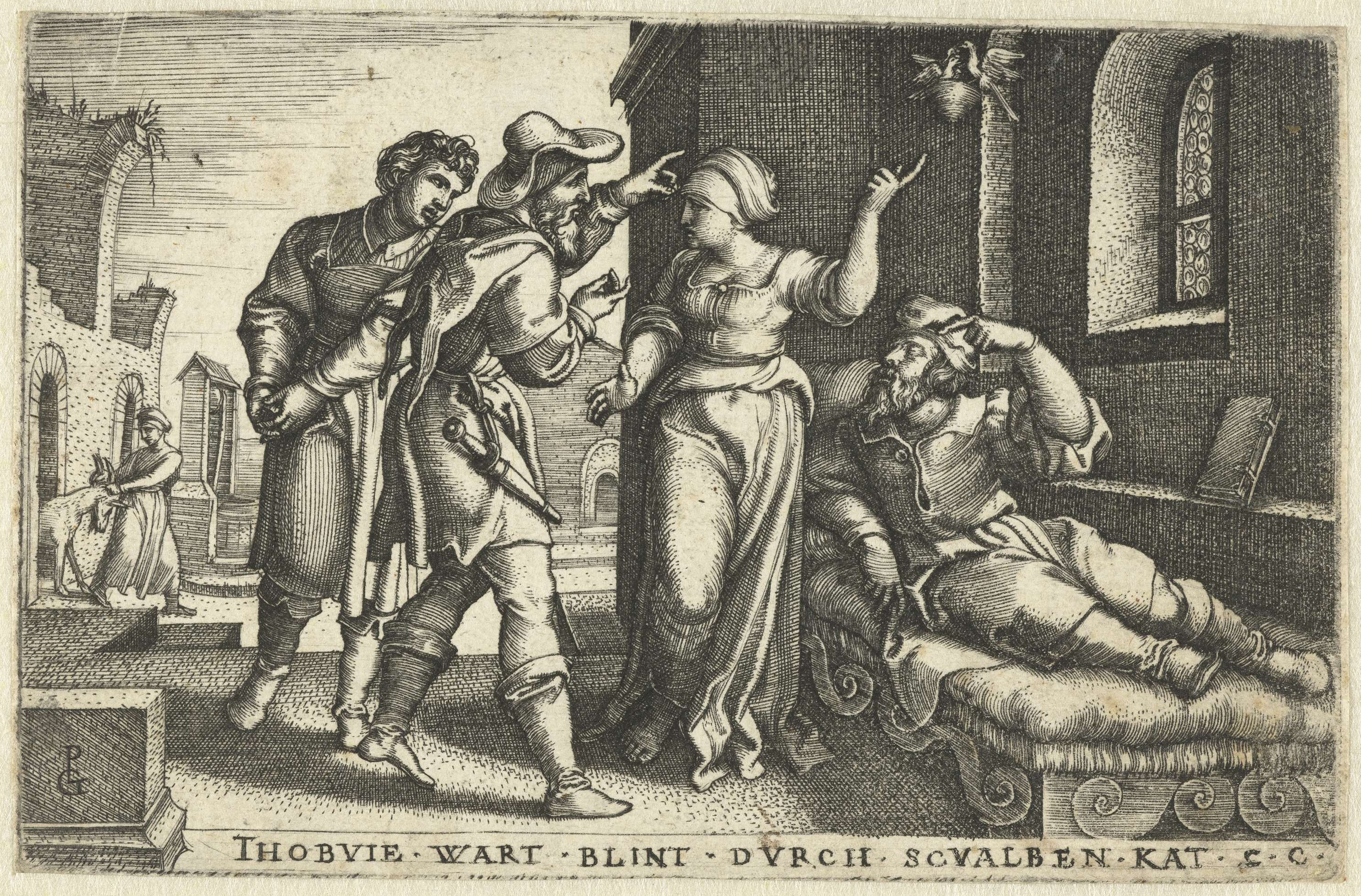 Engraving by Georg Pencz depicting Tobit blinded by bird droppings.