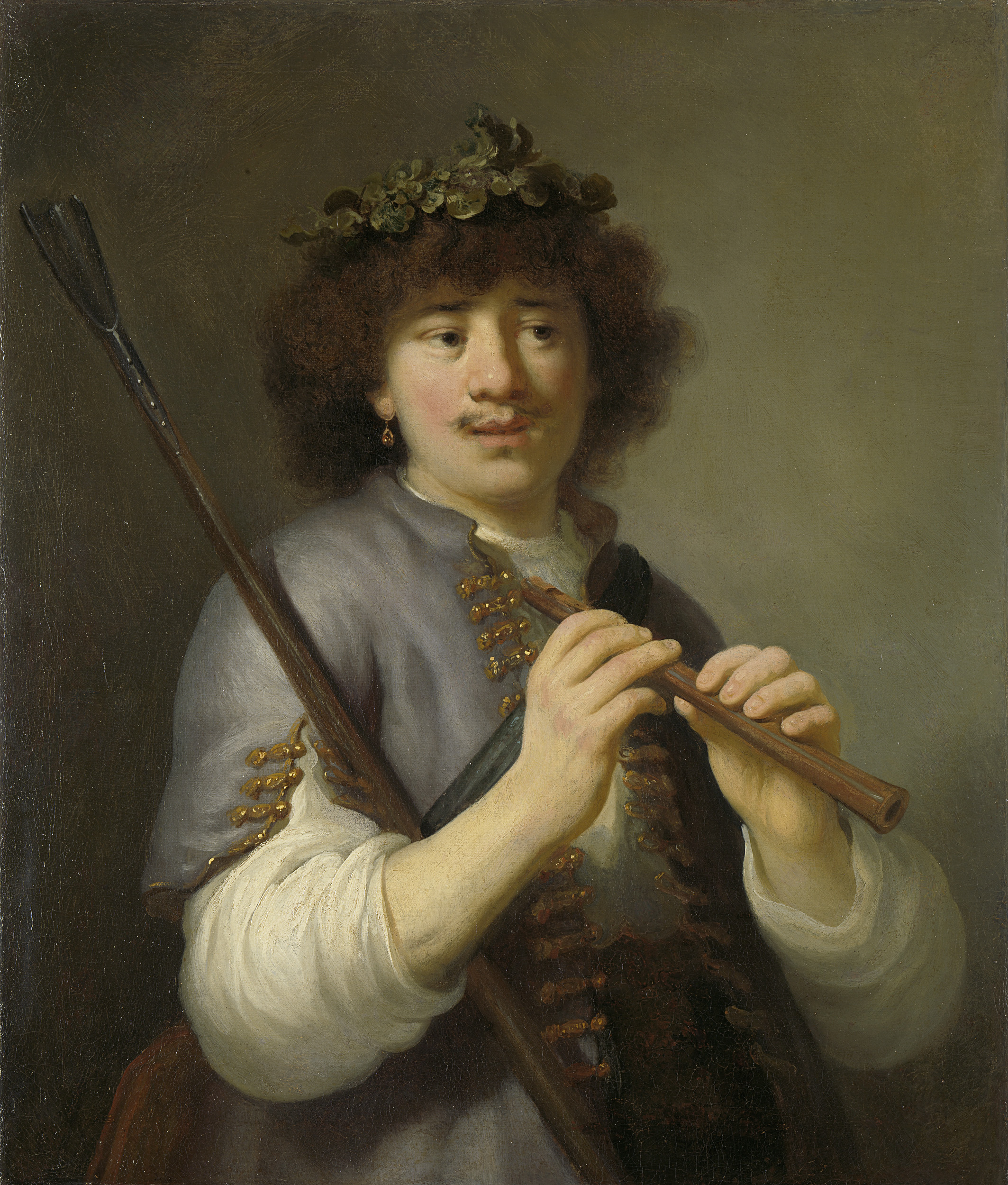 Govert Flinck oil painting of Rembrandt as a shepherd with a staff and flute