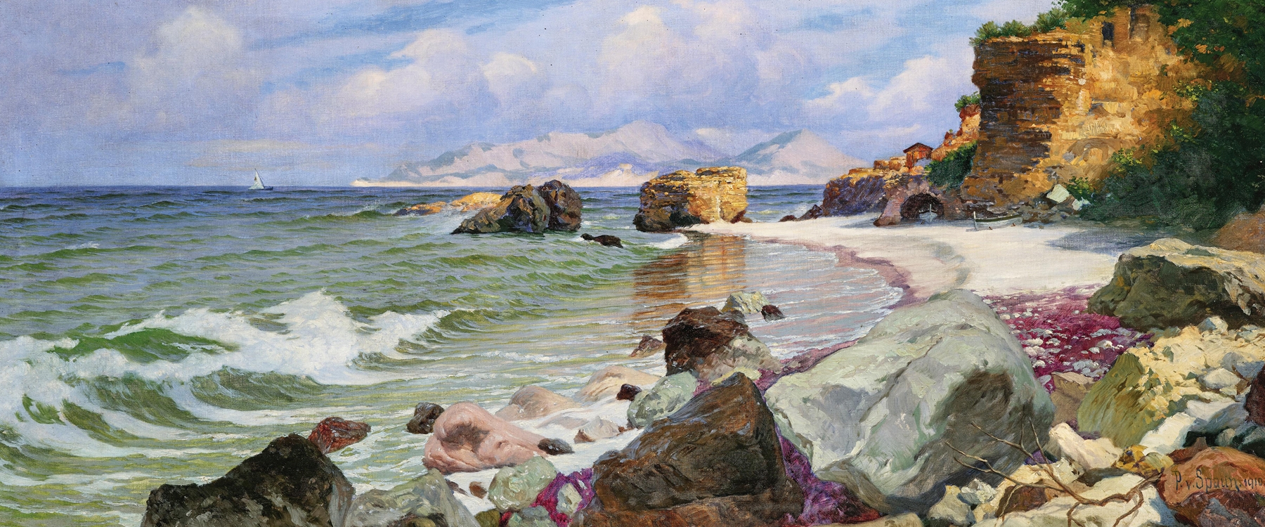 oil painting of crashing waves and cliffs by Paul Von Spaun