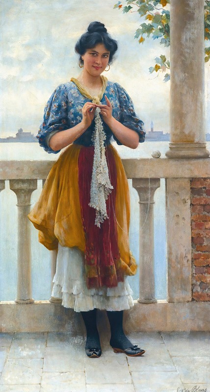 A young girl stands before a serene lagoon in Venice, captured by Eugen von Blaas.