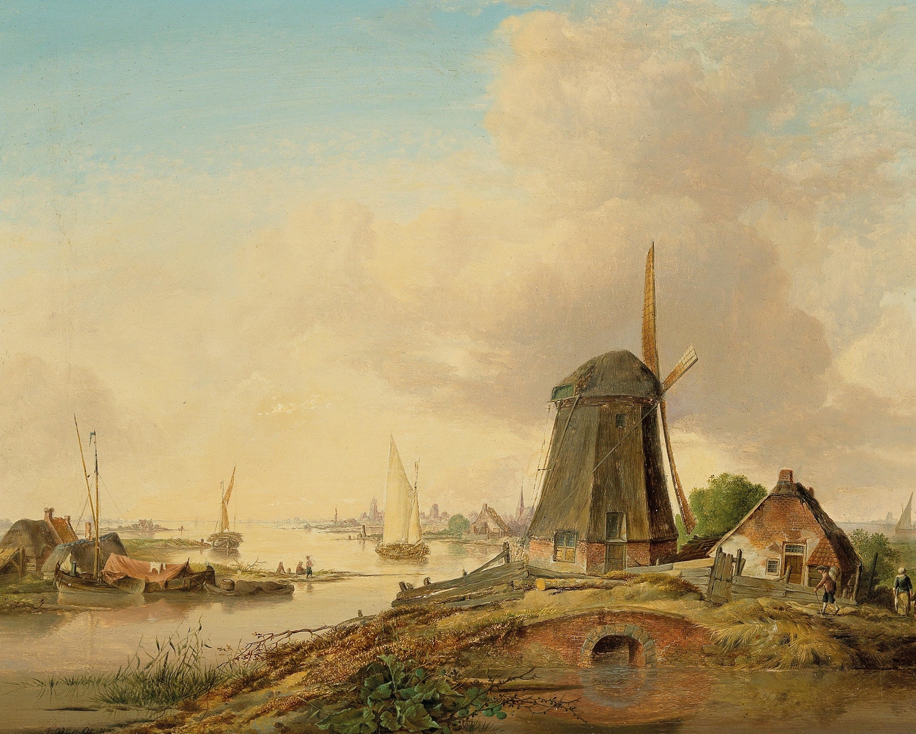 A river landscape with a windmill, oil on canvas by Jan Van Os