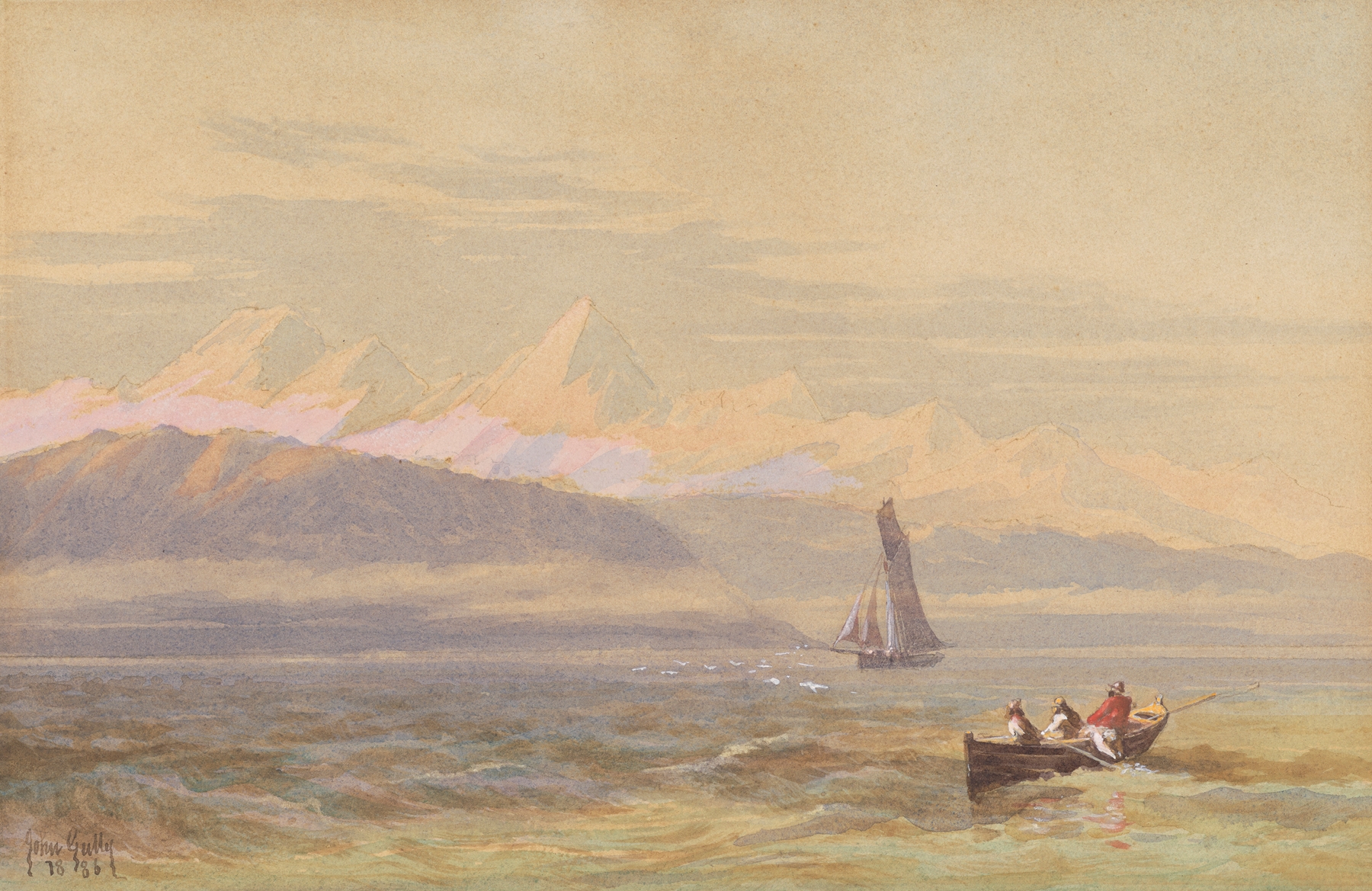 New Zealand coastal scene by John Gully, oil on canvas, featuring waves and golden sands.