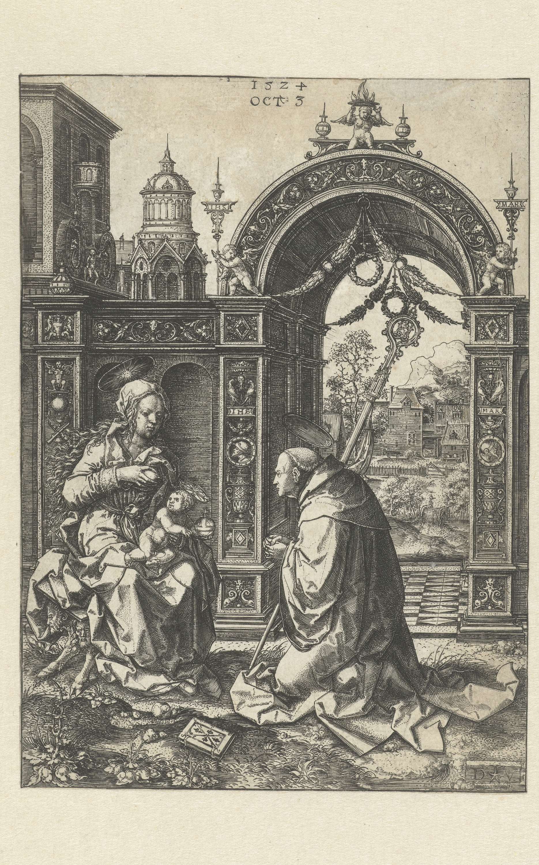 Engraving by Dirck Vellert depicting Saint Bernard in a religious vision