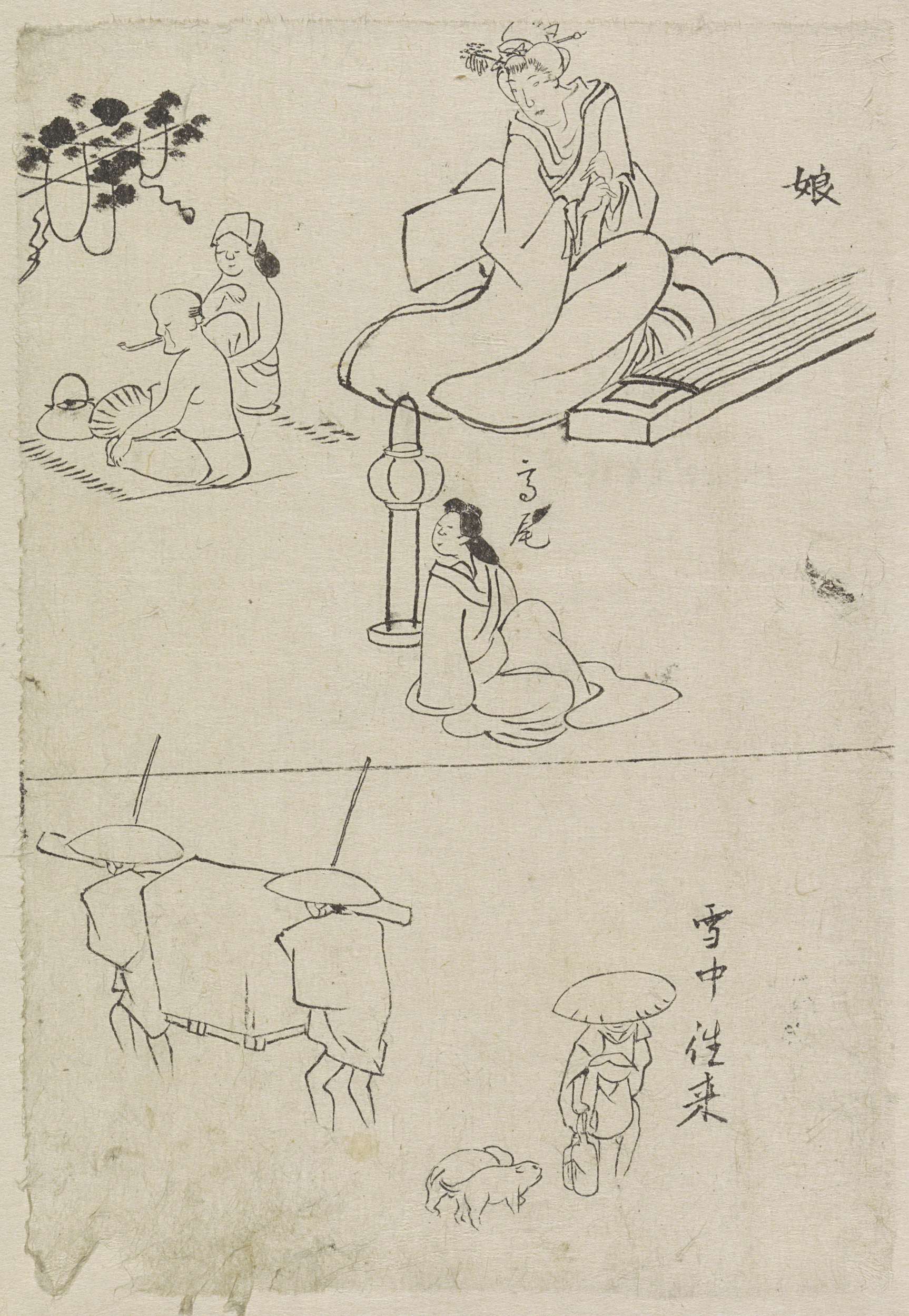 Figurative drawing featuring a woman with a koto by Unknown Artist