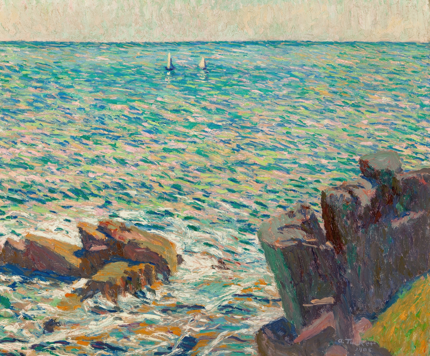Two Boats by Allen Tucker, oil painting depicting boats on calm water