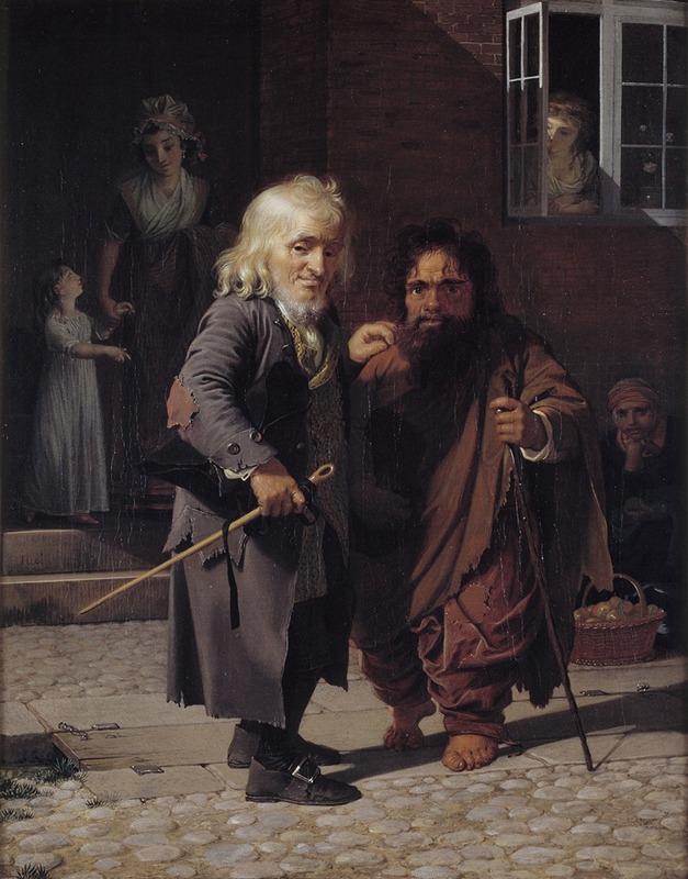 A painting depicting two dwarfs in a Copenhagen street.