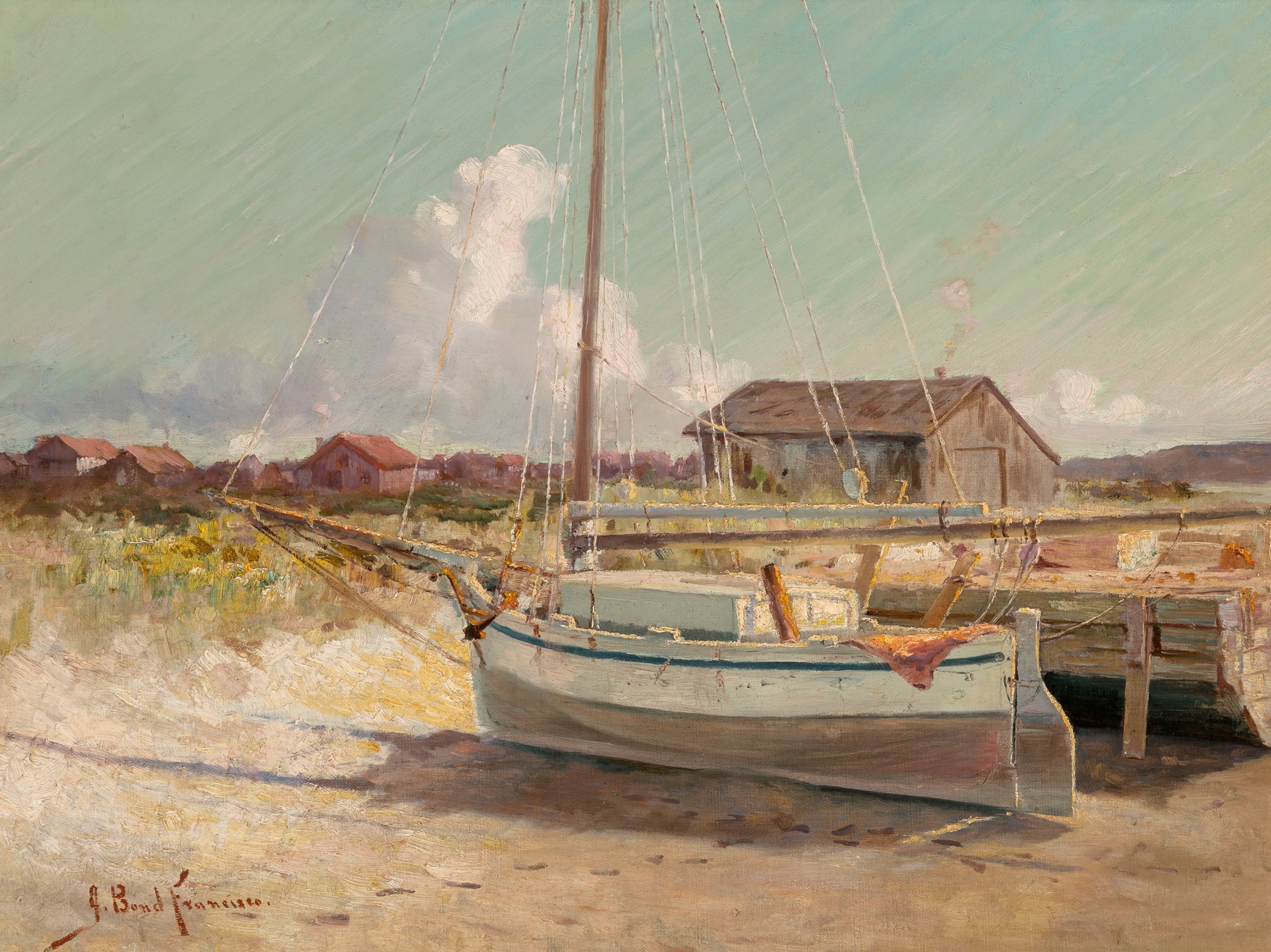 Dry Dock by John Bond Francisco, oil on canvas depicting a tranquil landscape with a weathered dock.