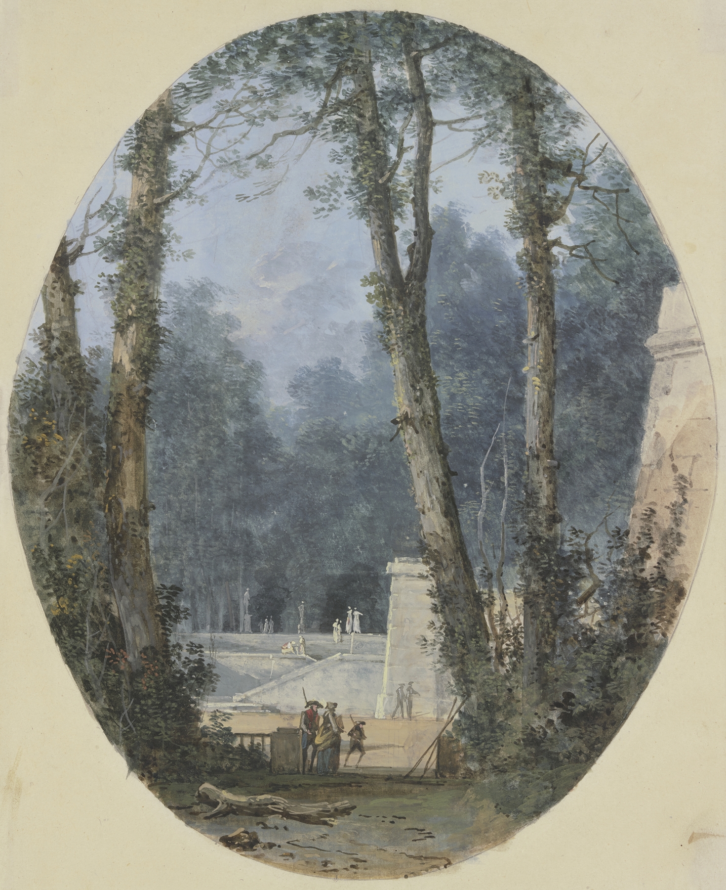 Park landscape with tall trees and stone ramp, oil on canvas by Louis Gabriel Moreau