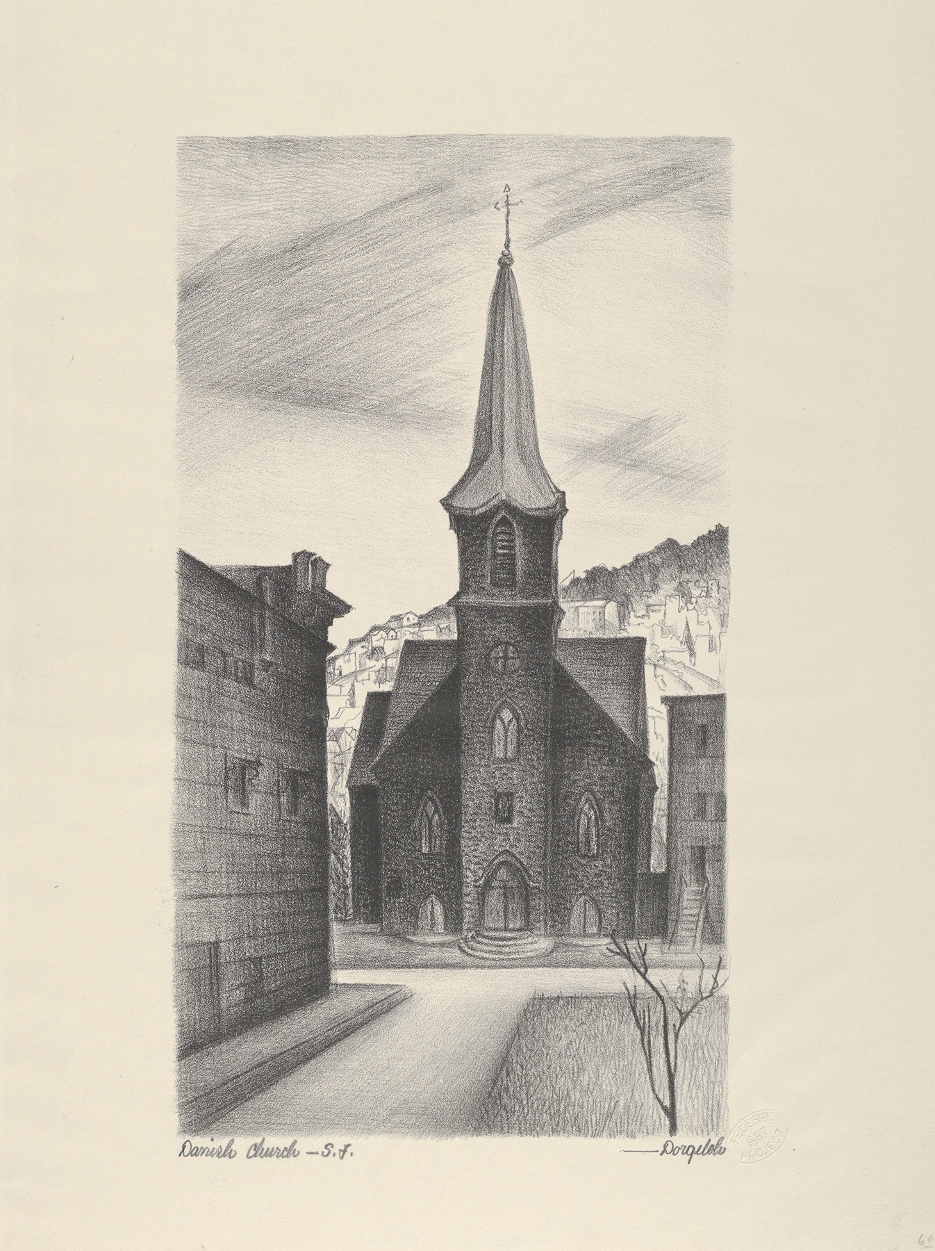 Danish Church by Marguerite Redman Dorgeloh, oil painting depicting a church under a blue sky.